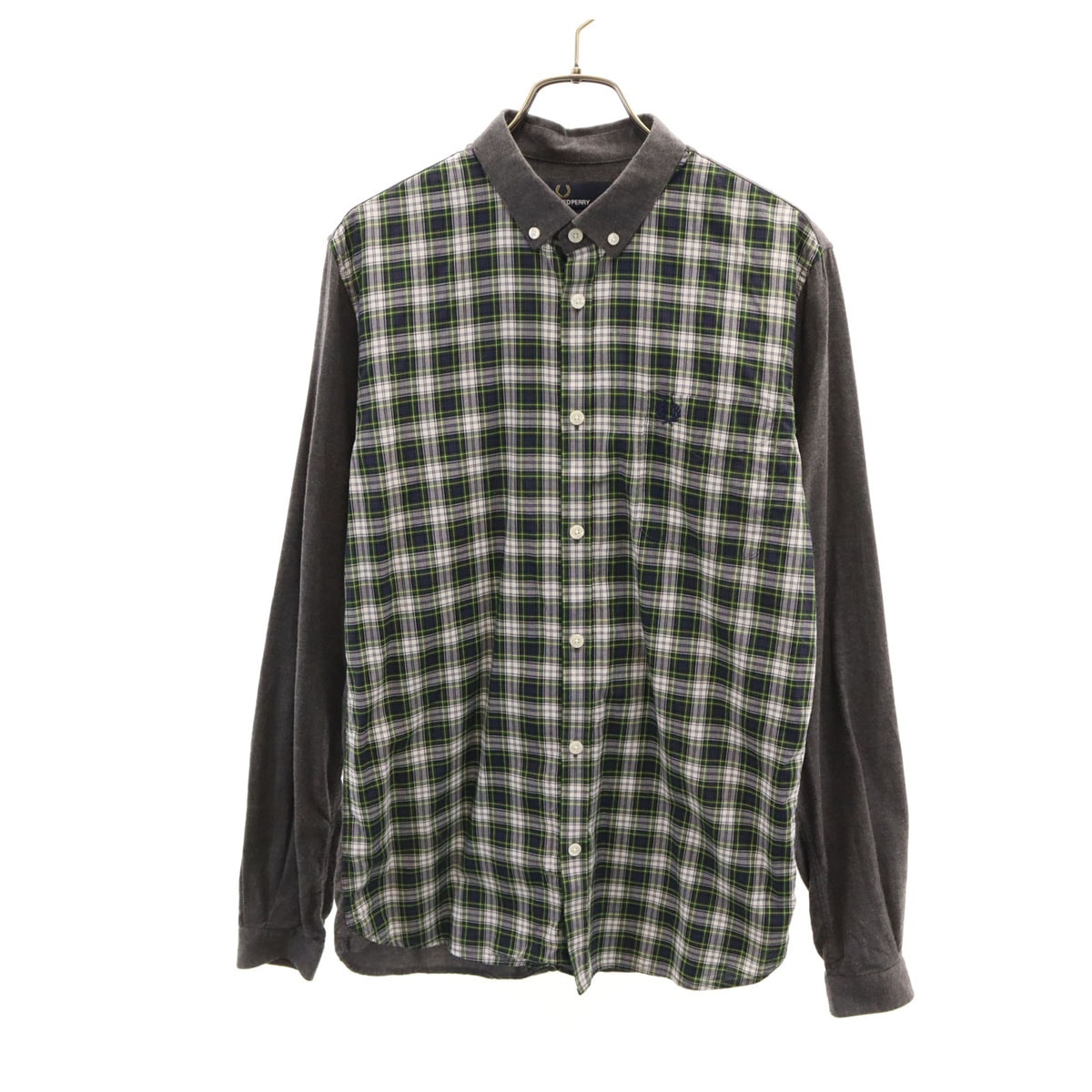 FRED PERRY フレッドペリー チェック柄切替 長袖 ボタンダウンシャツ S チャコールグレー