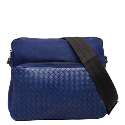 ボッテガヴェネタ イントレチャート ショルダーバッグ メッセンジャーバッグ ブルー キャンバス レザー レディース BOTTEGAVENETA 【中古】