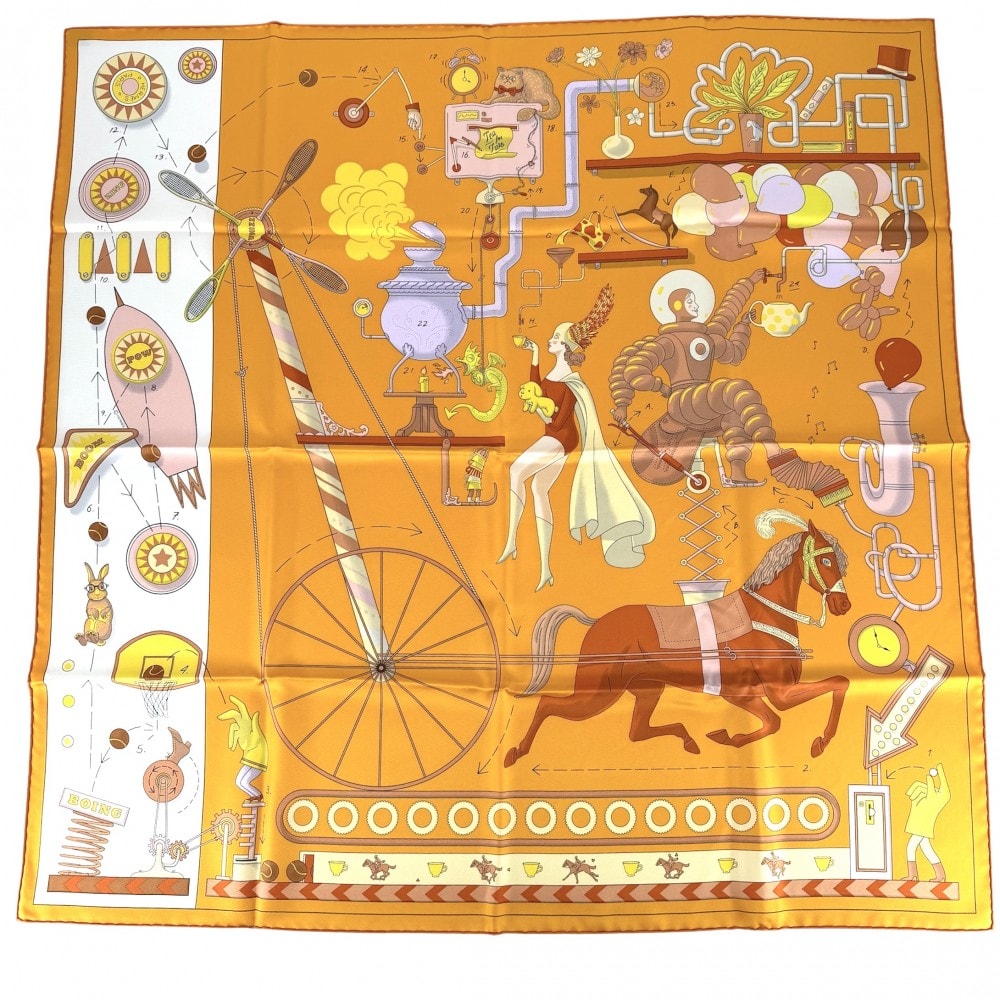 HERMES エルメス スカーフ カレ90 TEA FOR TWO ティー・フォー・トゥー 大判 ファッションアイテム シルク    オレンジ マルチカラー レディース 美品【中古品】