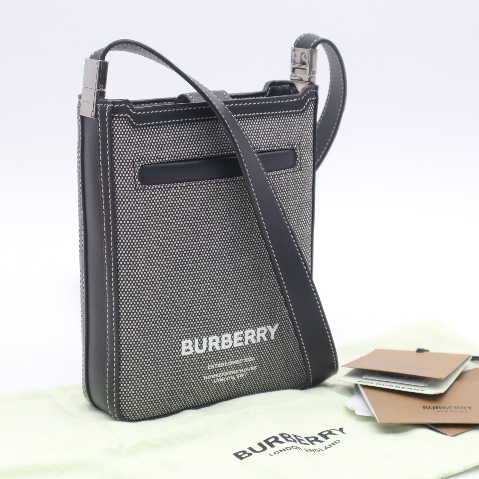 美品 BURBERRY バーバリー キャンバス ミニホスペリー クロスバック 8050842 ショルダーバッグ ブラック ホワイト キャンバス レザー レディース