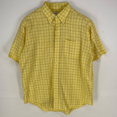 古着 ブルックスブラザーズ Brooks Brothers 半袖シャツ 胸ポケット 1818 リネンシャツ L イエロー系 チェック メンズ