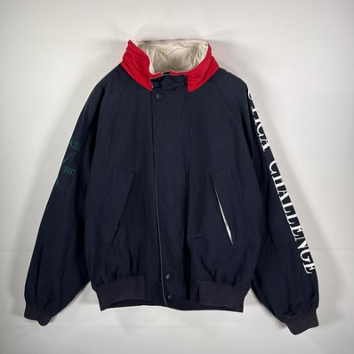 古着 90's/90年代 ノーティカ NAUTICA セーリングジャケット スリーブ刺繍ロゴ 収納付きフード L ネイビー メンズ