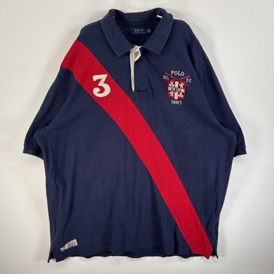 古着 ポロ・ラルフローレン POLO RALPH LAUREN 鹿の子 半袖 ラガーシャツ エンブレム 刺繍 2ボタン ラバーボタン 2XLT ネイビー系 ツートン メンズ