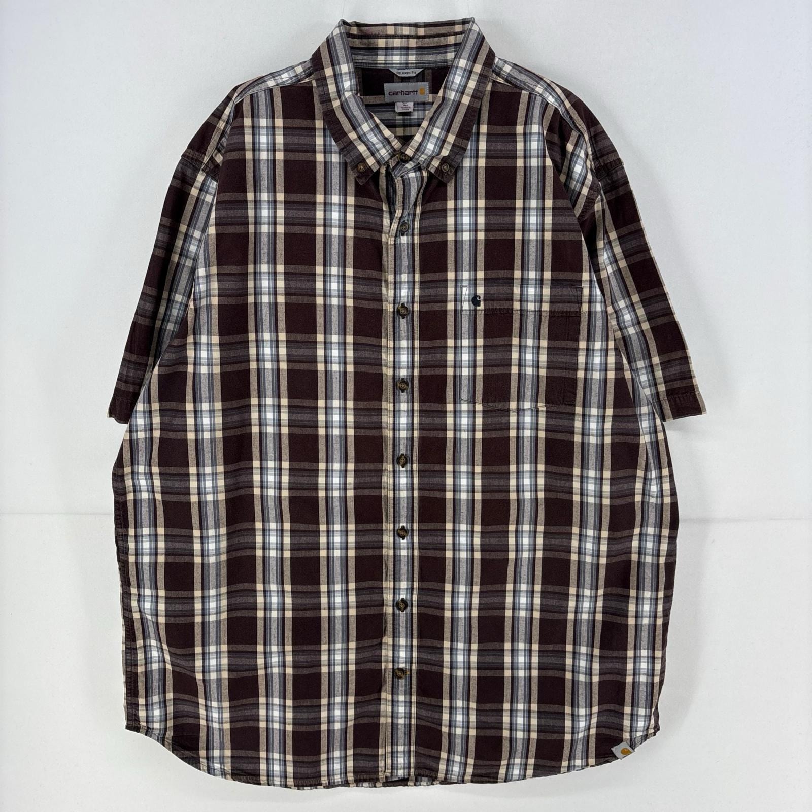 古着 カーハート Carhartt 長袖シャツ ワンポイント 胸ポケット 大きいサイズ ワーク 2XL  ブラウン系 チェック メンズ