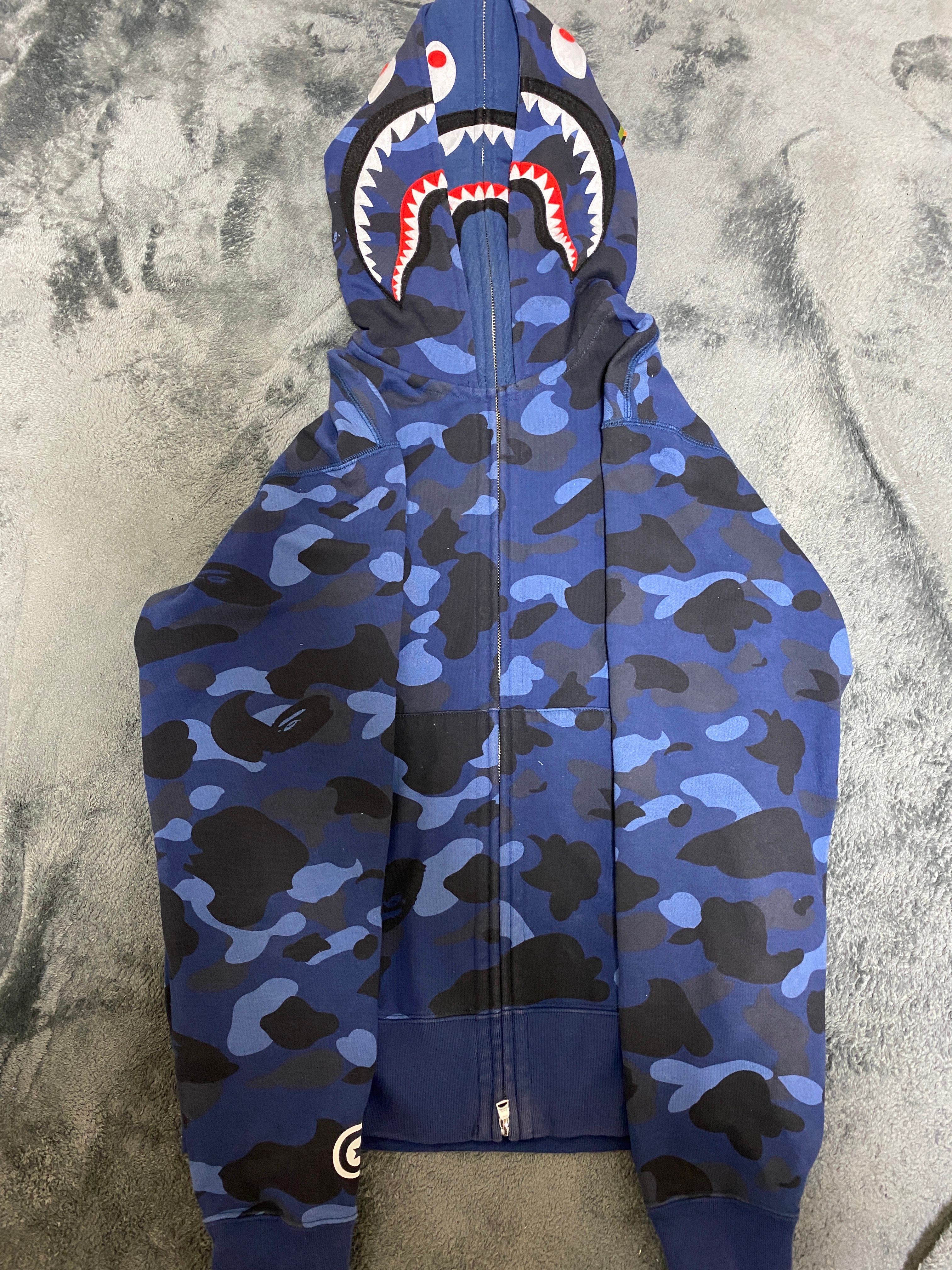 A BATHING APE COLOR CAMO SHARK WIDE FIT FULL ZIP DOUBLE HOODIE "Navy"