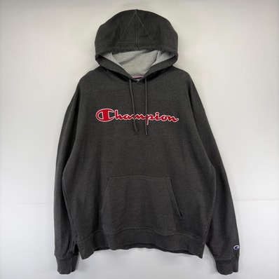 古着 チャンピオン Champion パーカー プルオーバー 大判ロゴ刺繍 スウェット フード 大きいサイズ XL グレー系 メンズ