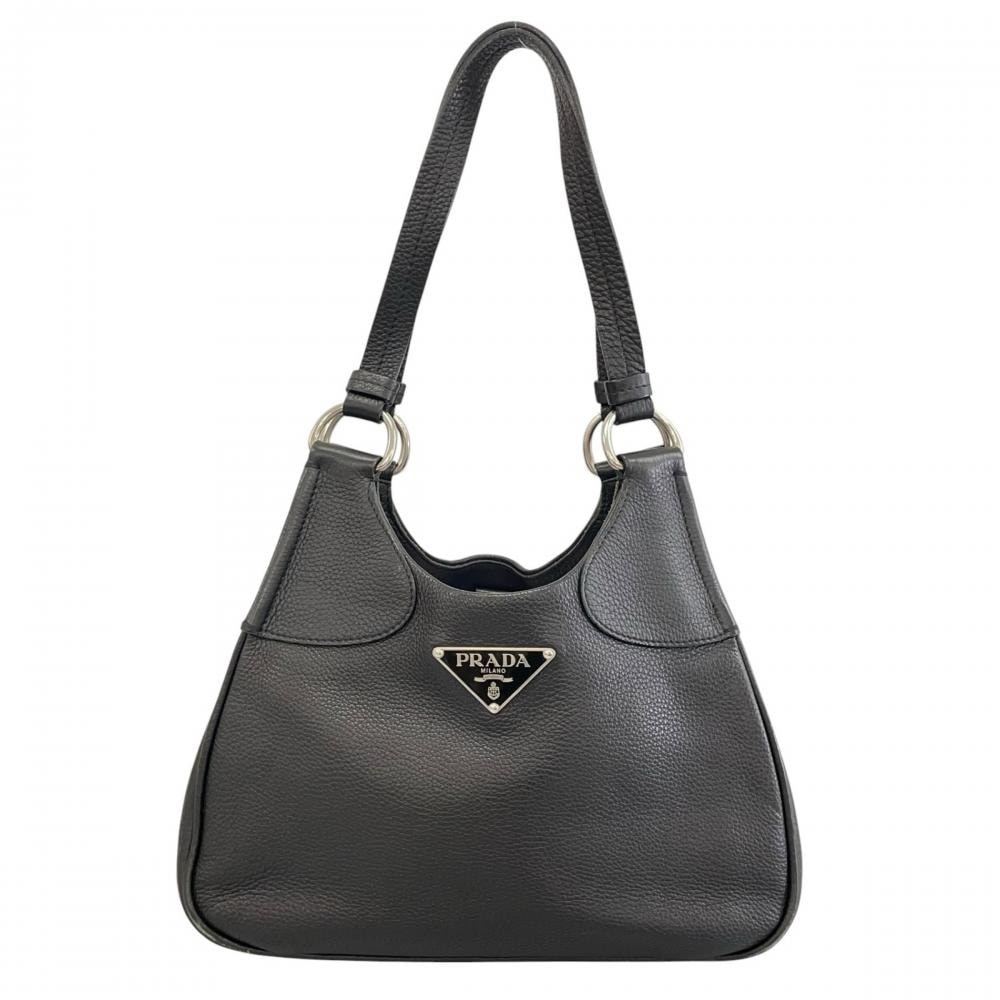 PRADA プラダ ハンドバッグ トライアングルロゴ 肩掛け BR0950 レザー ブラック 黒 シルバー金具 レディース【中古品】