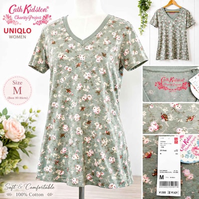 タグ付き新古品★限定品/UNIQLO +J × Cath Kidston/ユニクロ★コラボ/半袖トップス/Tシャツ【レディースM/カーキ/オリーブ/花柄】Tops/Shirt◆BJ179-g