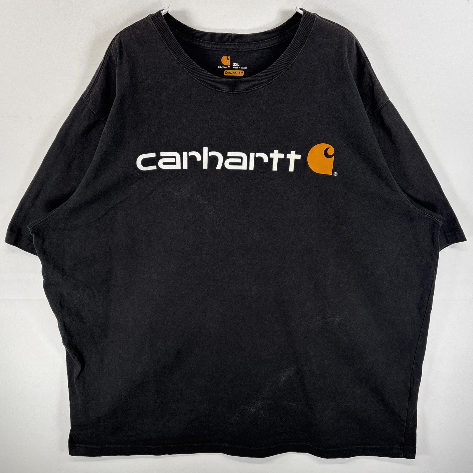 古着 カーハート Carhartt 半袖Tシャツ 肉厚 ラバープリント ロゴ 大きいサイズ 2XL  ブラック メンズ