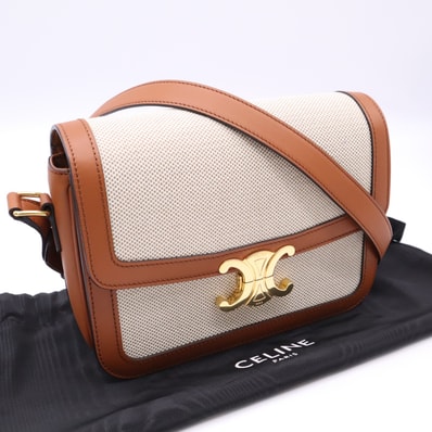 美品 CELINE セリーヌ テキスタイル & カーフスキン クラシック トリオンフ バッグ ミディアム ナチュラル タン 191242EGC.02NT ショルダーバッグ ブラウン ベージュ キャンバス レザー レディース