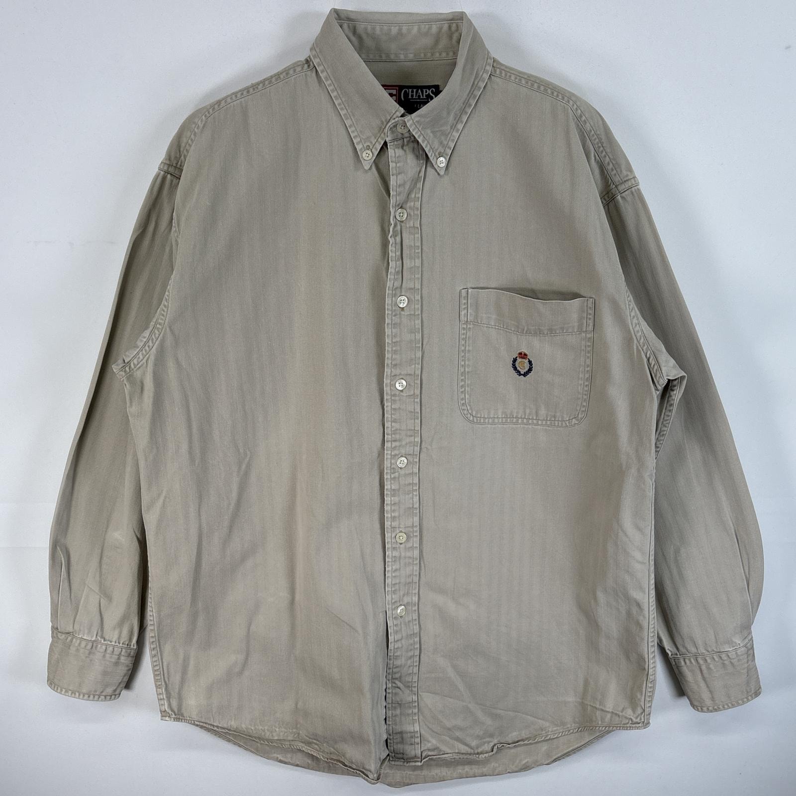 古着 90's/90年代 チャップスラルフローレン CHAPS RALPHLAUREN ヘリンボーン 長袖シャツ ボタンダウンシャツ ワンポイント ロゴ 刺繍 M  ベージュ 無地 メンズ