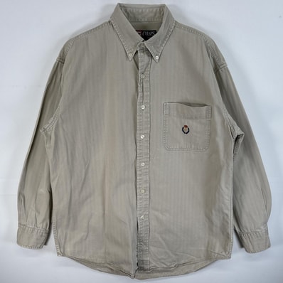 古着 90's/90年代 チャップスラルフローレン CHAPS RALPHLAUREN ヘリンボーン 長袖シャツ ボタンダウンシャツ ワンポイント ロゴ 刺繍 M ベージュ 無地 メンズ