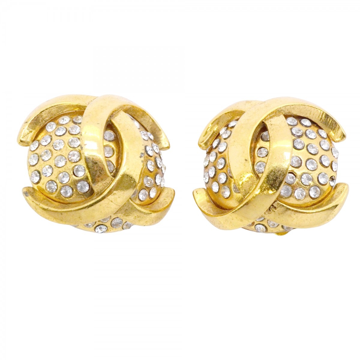 【6jcb1013-k】シャネル イヤリング ヴィンテージ ココマーク 丸型 サークル GPメッキ ラインストーン ゴールド【中古】レディース