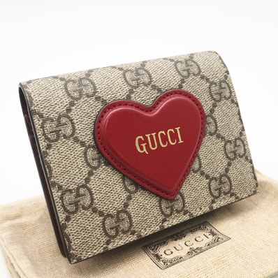 極美品 GUCCI グッチ GGスプリーム ハートモチーフウォレット 648848 カードケース ブラウン コーティングキャンバス レザー レディース