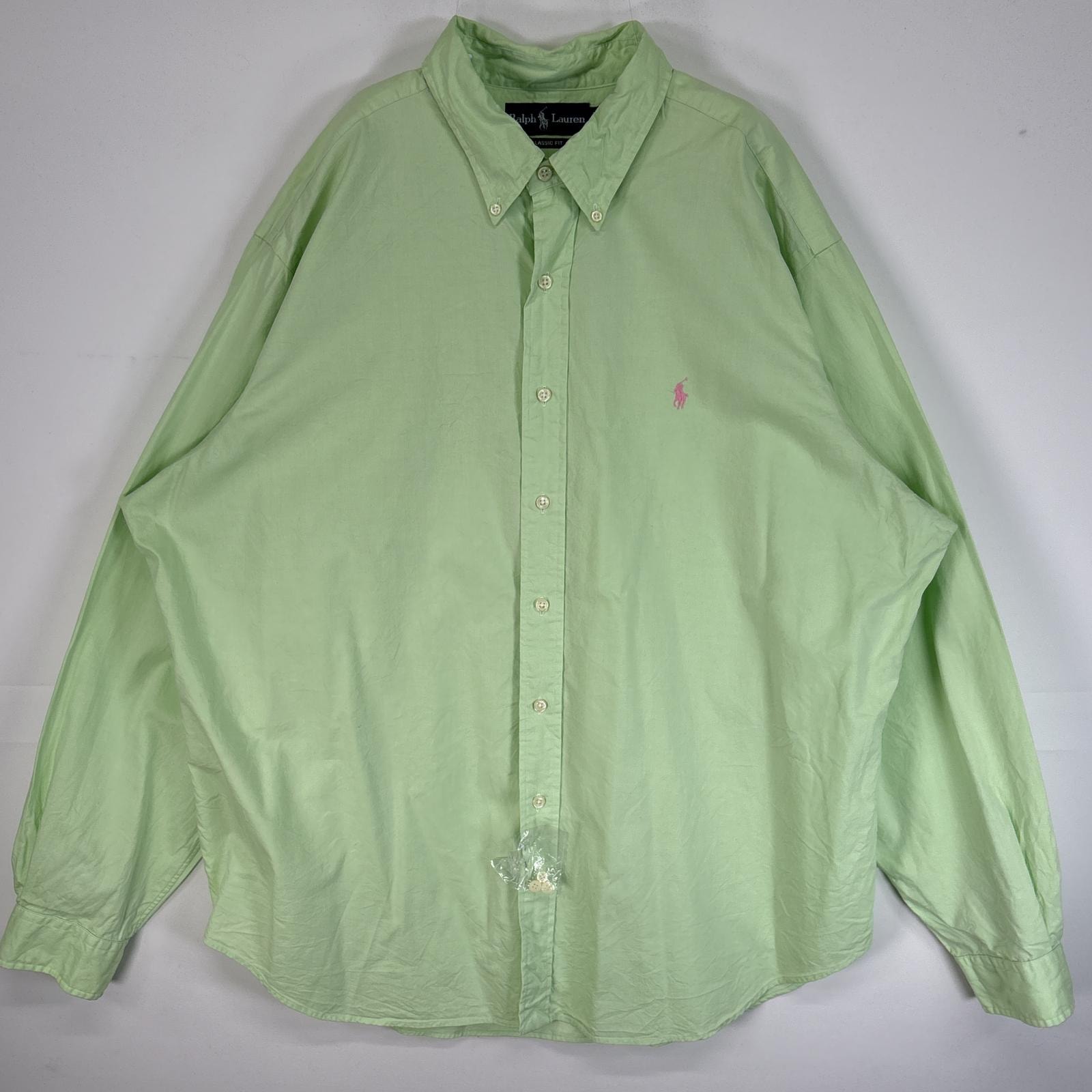 古着 ラルフローレン RALPH LAUREN 長袖シャツ ロゴ 刺繍 大きいサイズ ボタンダウン 14041  グリーン系 無地 メンズ