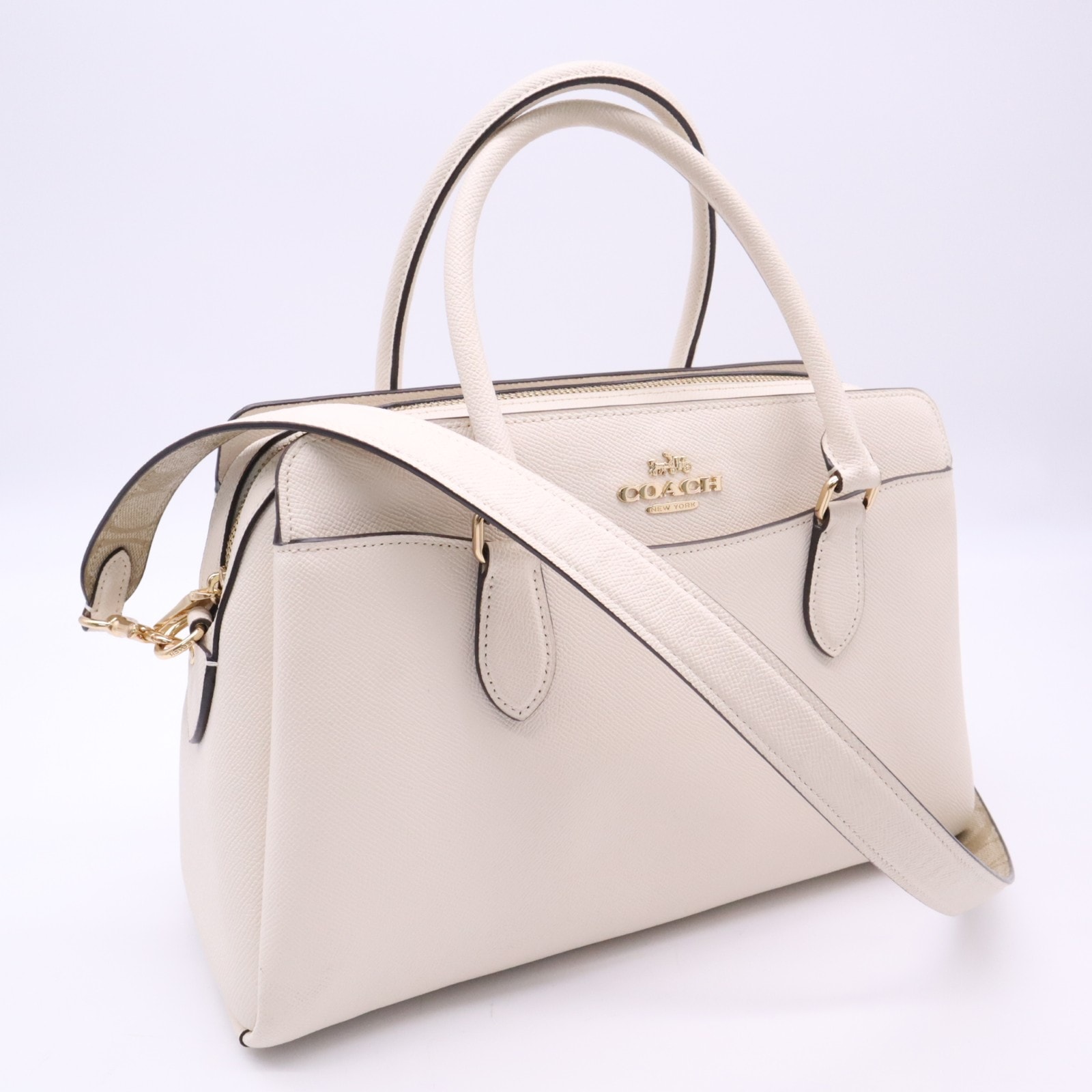美品 COACH コーチ クロスグレインレザー ダーシー キャリーオール シグネチャー キャンバス ディテール CH290 2wayハンドバッグ クリーム グレインレザー レディース
