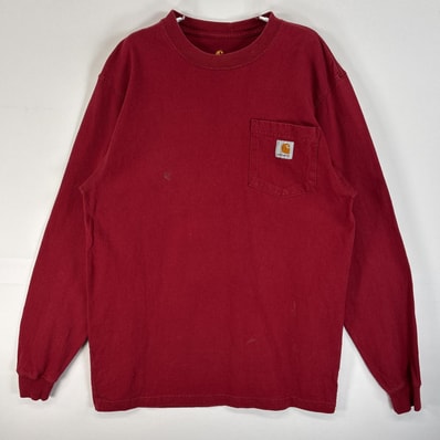 古着 カーハート Carhartt 長袖Tシャツ 胸ポケ ワンポイント ロゴ 肉厚 S レッド 無地 メンズ