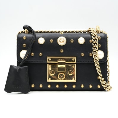 GUCCI(グッチ)パドロック スタッズ付き スモールチェーンショルダーバッグ ヴィンテージ ブラック レザー パール ゴールド金具 レディース 453162【中古】