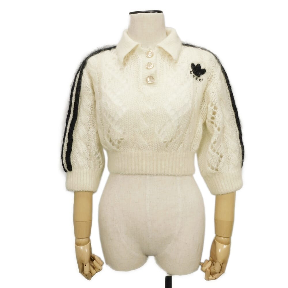 GUCCI グッチ トレフォイル ロゴ クロップド セーター XS 160/84A モヘア ウール スリーライン 鍵編み インナー付き アディダス アイボリー ニット 717297 XKCMO 9791
