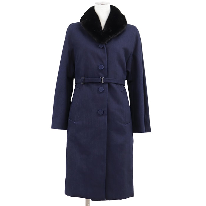 【未使用】PRADA プラダ ジャケットコート サイズ 38 レディース ミンクファー パデッド ストレッチ ベルテッド アウター ベルト付属 ネイビー 紺 イタリア製