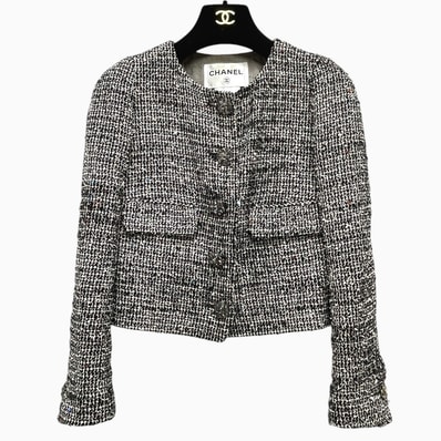 シャネル CHANEL ツイード ビジューフラワーボタン P50738 アパレル ノーカラー スパンコール アウター ジャケット ツイード グレー