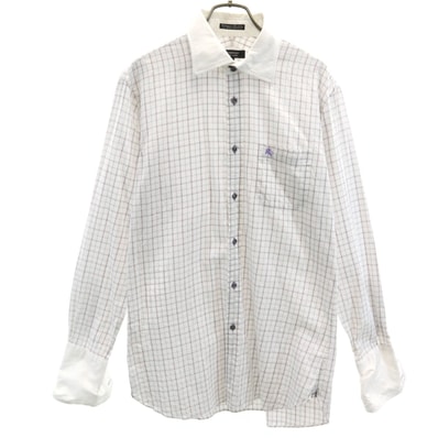 BURBERRY BLACK LABEL バーバリーブラックレーベル チェック柄 長袖 Wカフス コットンシャツ 40 ホワイト 三陽商会