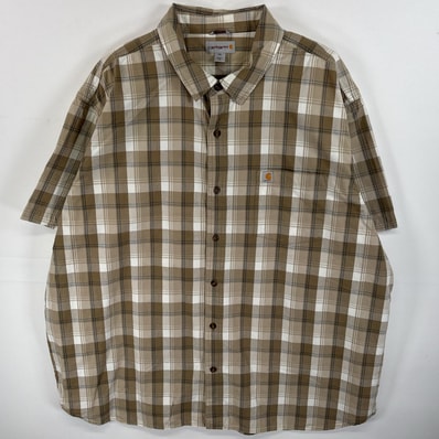 古着 カーハート Carhartt 半袖シャツ ワンポイント ロゴ 胸ポケ RELAXED FIT 3XL ベージュ系 チェック メンズ