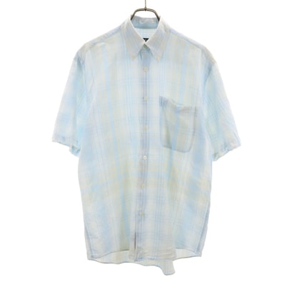 NAUTICA ノーティカ 90s リネンブレンド オールド チェック柄 半袖 ボタンダウンシャツ S 水色