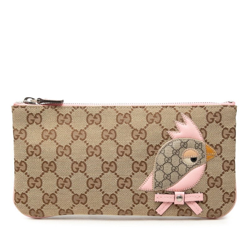 グッチ GGキャンバス  ZOO オウム ポーチ 284699 ベージュ ピンク キャンバス レザー PVC レディース GUCCI 中古