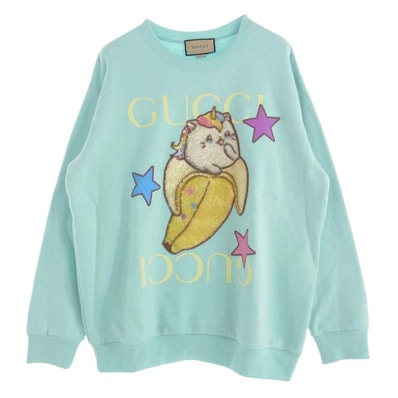 GUCCI グッチ スウェット 22AW 617964 XJEGL ばなにゃ バナニャ ロゴプリント クルーネック スウェット トレーナー ライトブルー系 XL【中古】