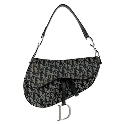 クリスチャンディオール Christian Dior ショルダーバッグ サドルバッグ キャンバス/レザー ネイビー シルバー レディース【中古】 z10278