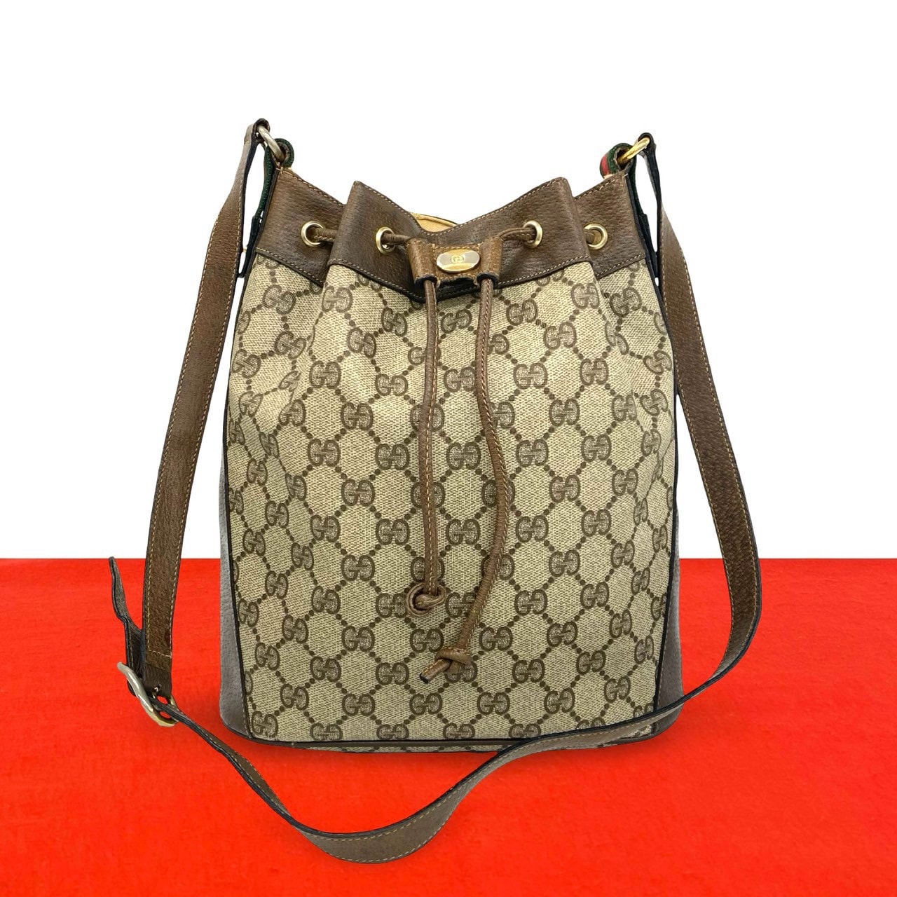 GUCCI グッチ シェリーライン GG 柄  ロゴ レザー PVC ショルダーバッグ ブラウン
 37094