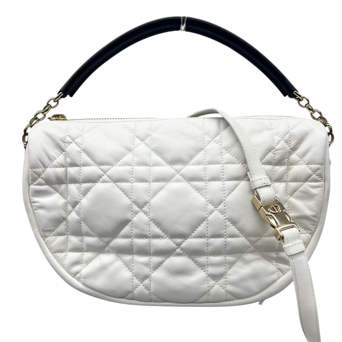 Christian Dior 極美品 ディオール VIBE ヴァイブ ミディアム ホーボー 2way ハンドバッグ ショルダーバッグ カナージュ ステッチ レザー ホワイト ブラック チェーン CD ロゴ クリスチャン Aランク 鑑定済 中古 ディオールバッグ