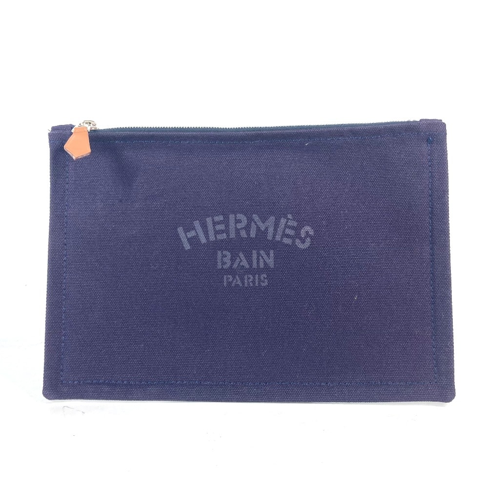 エルメス HERMES ヨッティングPM ロゴ フラット 小物入れ マルチポーチ メイクポーチ ポーチ コットン ネイビ 新品同様