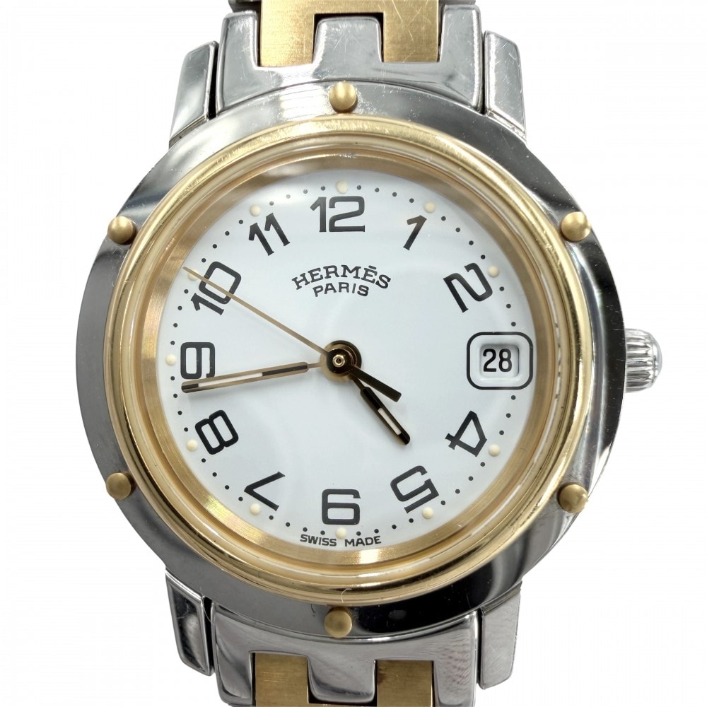 HERMES エルメス 腕時計 クリッパー Hモチーフ デイト コンビ SS 電池式 CL4.220 クオーツ ステンレススチール  GP   シルバー ゴールド レディース【中古品】