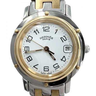 HERMES エルメス 腕時計 クリッパー Hモチーフ デイト コンビ SS 電池式 CL4.220 クオーツ ステンレススチール GP シルバー ゴールド レディース【中古品】