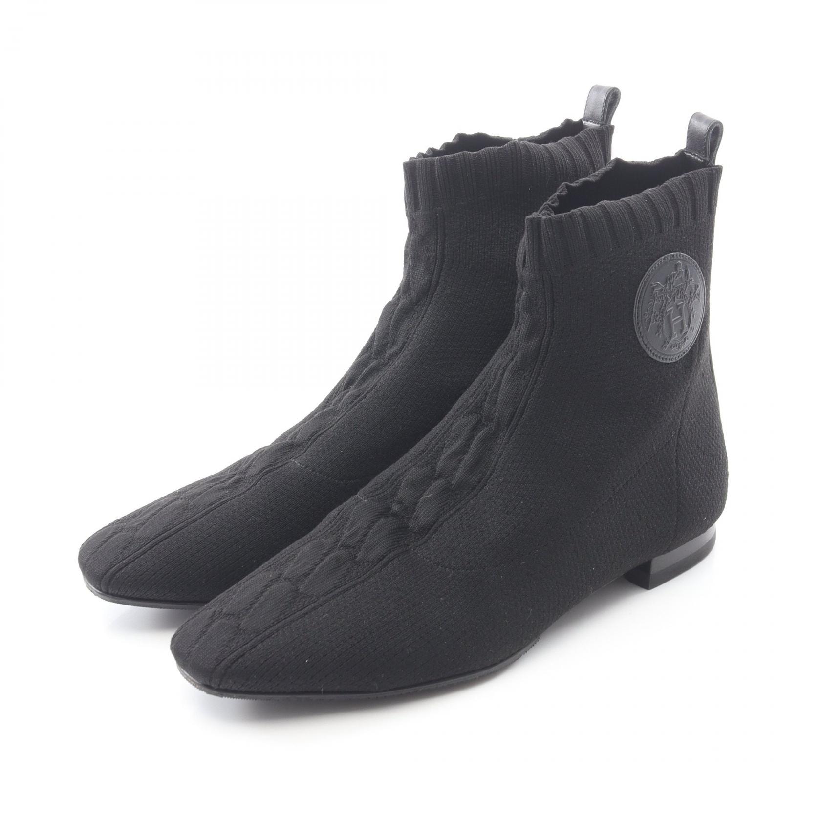 エルメス HERMES DUO デュオ アンクル ブーツ 靴 ファブリック レザー レディース ブラック系 【中古】