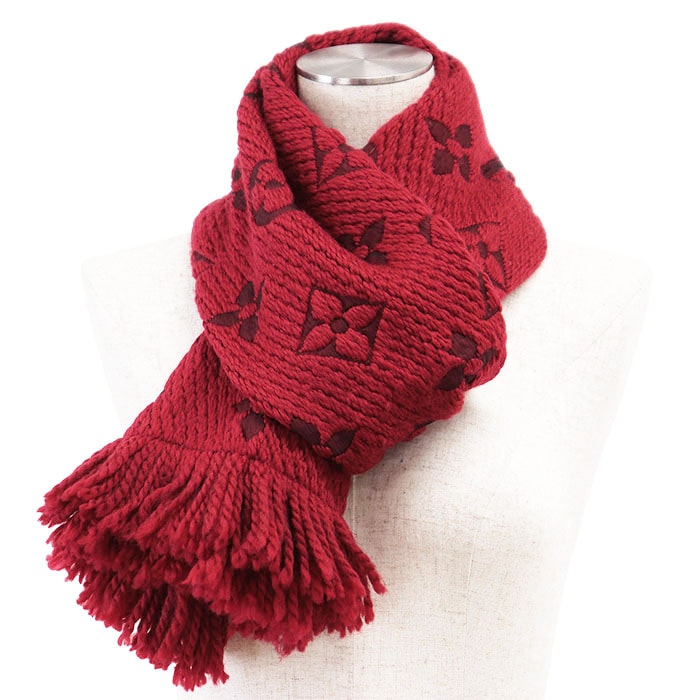 【美品】LOUIS VUITTON ルイ・ヴィトン マフラー エシャルプ ロゴマニア LV モノグラム ウール / シルク スカーフ 小物 メンズ レディース ユニセックス レッド 赤 イタリア製