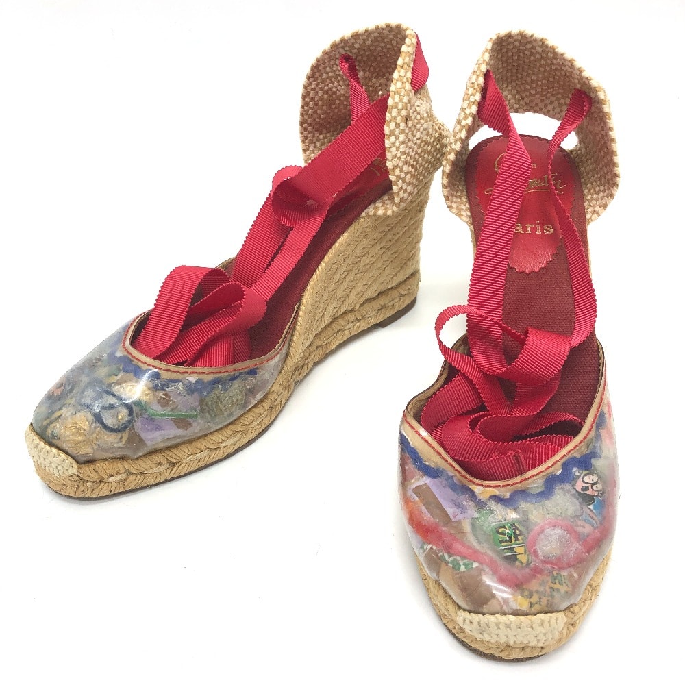 クリスチャンルブタン Christian Louboutin レースアップ リボン ウェッジソール  TRASH(トラッシュ) サンダル 麻 マルチカラー