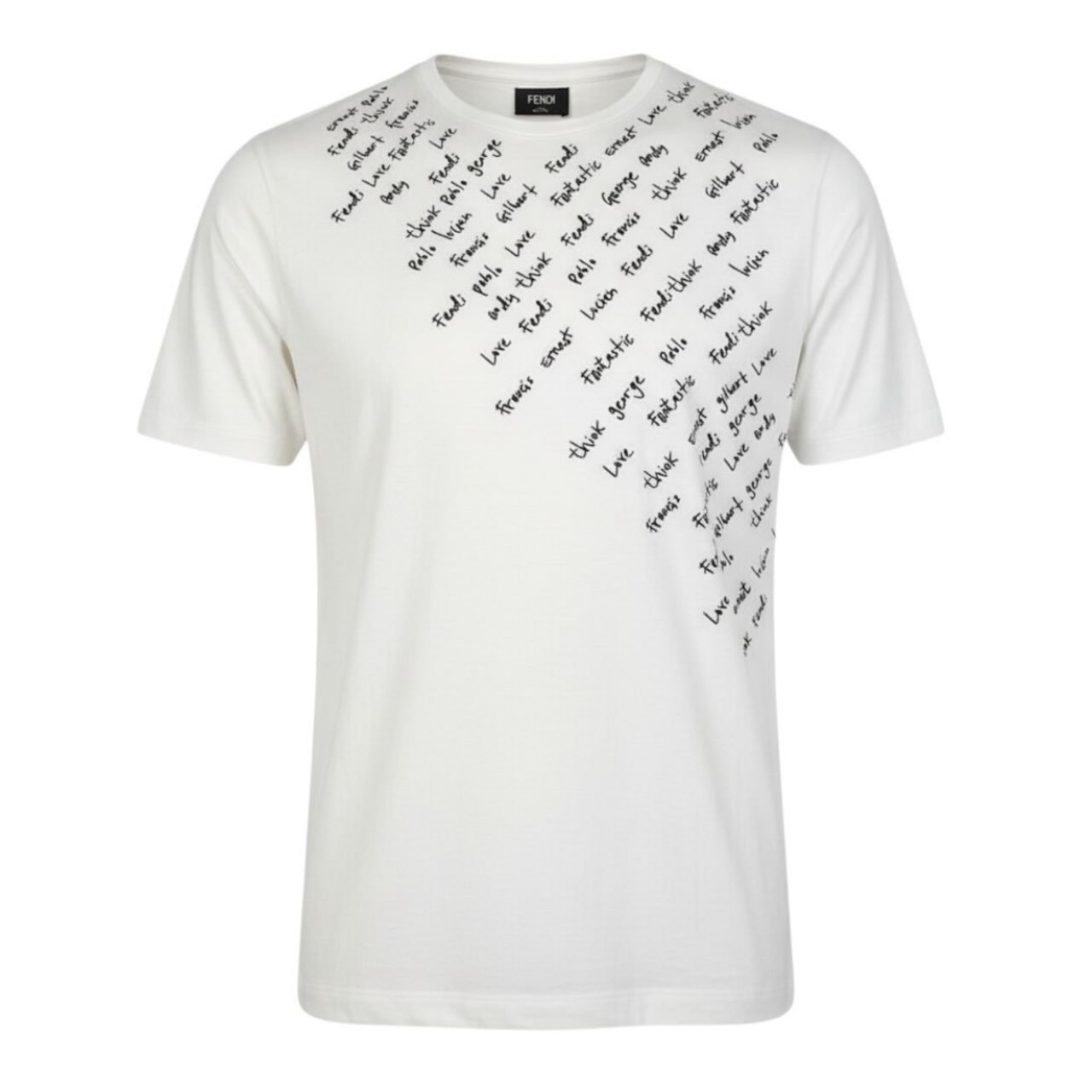 FENDI フェンディ クルーネックTシャツ エンブロイダリーTシャツ 文字刺繍 ホワイト コットン 半袖Tシャツ A3-00105 【中古】