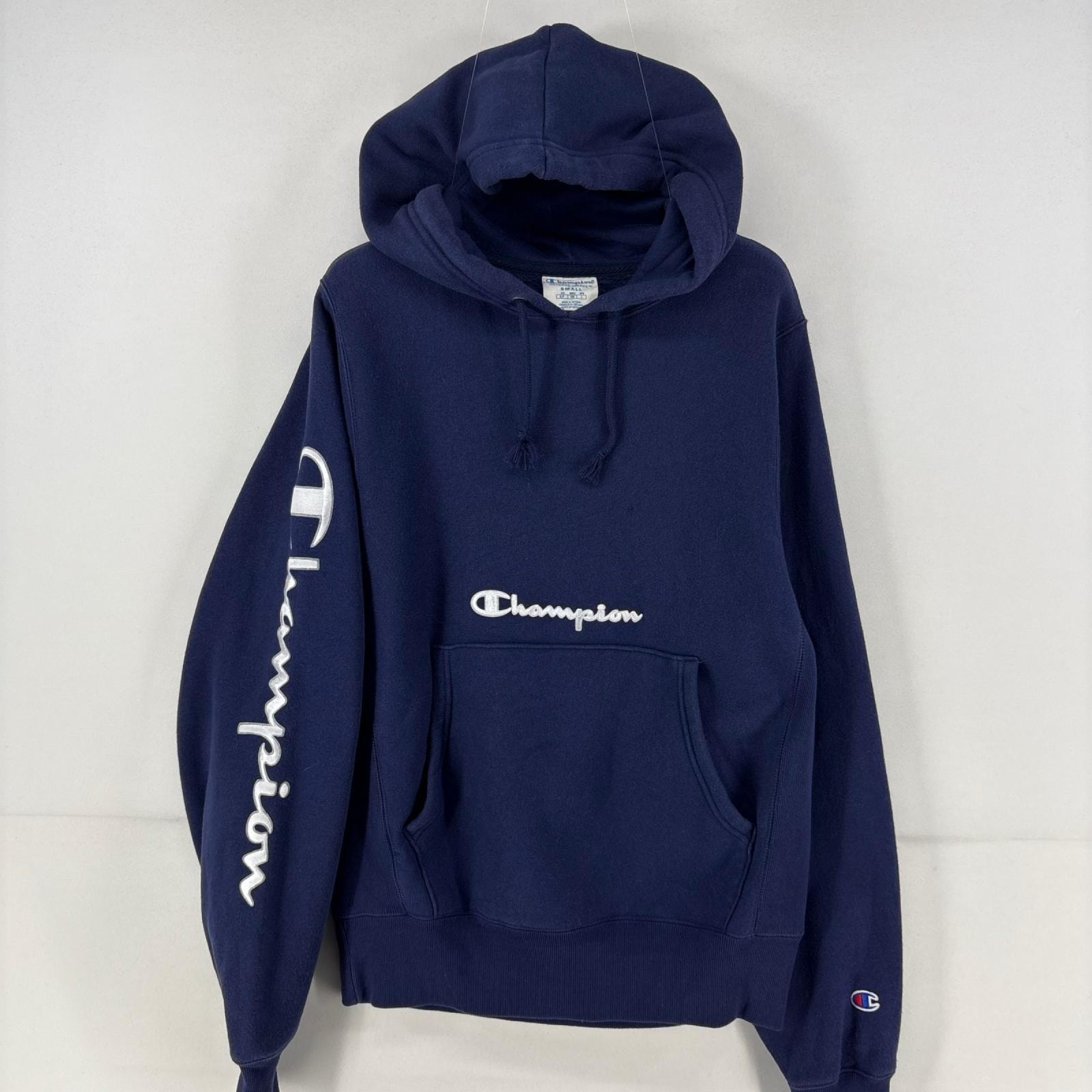 古着 チャンピオン Champion パーカー スウェット 刺繍 リバースウィーブ プルオーバー 袖ロゴ S  ネイビー メンズ