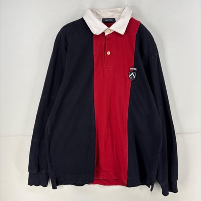 古着 ノーティカ NAUTICA 長袖シャツ ワンポイント ロゴ ラガーシャツ ワッペン マルチカラー ブラック メンズ