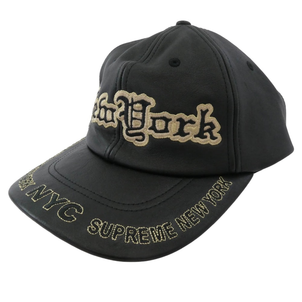 Supreme シュプリーム キャップ 25AW New York Leather 6-Panel ニューヨーク レザー 6パネル キャップ 帽子 ブラック系 ゴールド系【美品】【中古】