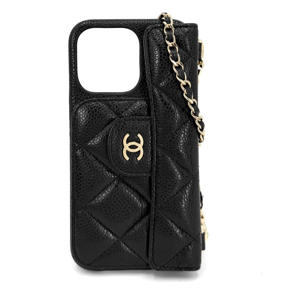 CHANEL シャネル iPhoneケース マトラッセ iPhone13 14 スマホショルダー チェーンショルダー ココマーク  キャビアスキン   ブラック 黒 ゴールド金具 レディース【中古品】