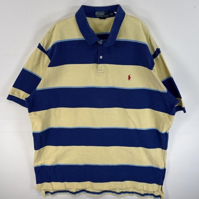 古着 90's/90年代 ポロバイラルフローレン Polo by Ralph Lauren 鹿の子 半袖 ポロシャツ ワンポイント ロゴ 刺繍 ボーダー 大きいサイズ 14041 イエロー系 マルチカラー メンズ