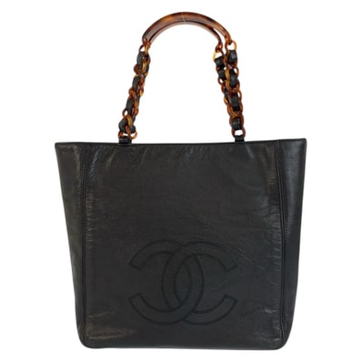 美品 CHANEL シャネル ヴィンテージ ココマーク マーブルチェーン ブラック 黒 レザー トートバッグ ショルダーバッグ 601587 【中古】