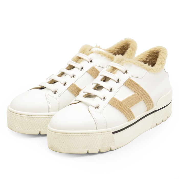 【美品】HERMES エルメス スニーカー サイズ 38 レディース Dare デア H ロゴ チャンキーヒール レザー ボアライニング シューズ 靴 袋付属 ホワイト ベージュ 白 イタリア製