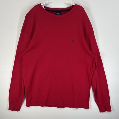 古着 ポロ・ラルフローレン POLO RALPH LAUREN 長袖Tシャツ ロゴ 刺繍 サーマル ワッフル クルーネック XL レッド 無地 メンズ