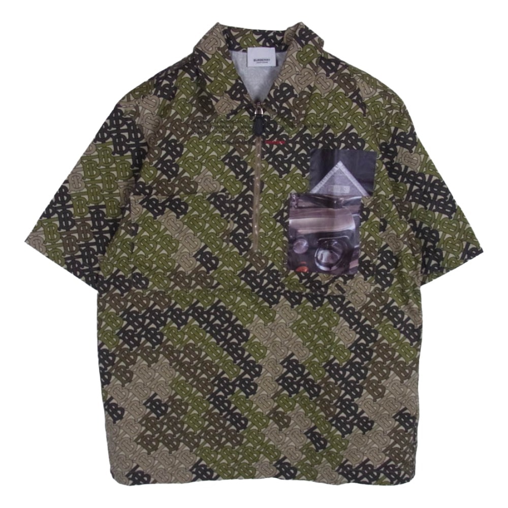 BURBERRY LONDON バーバリー ロンドン 半袖シャツ 4560514 TBロゴ総柄 カモフラ ハーフジップ 半袖 シャツ グリーン系 36【中古】
