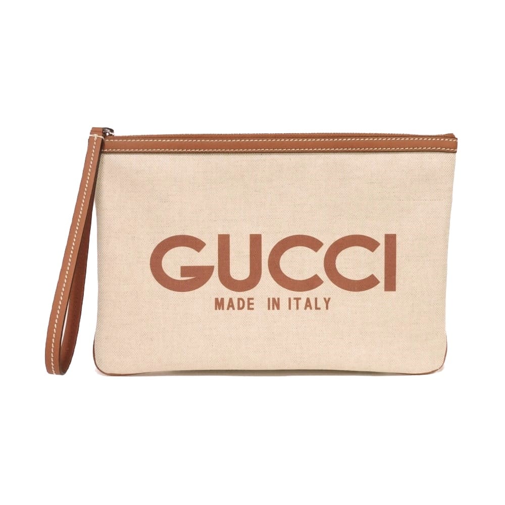 GUCCI グッチ ロゴ プリント ポーチ キャンバス ライトブラウン リストストラップ セカンドバッグ 未使用 GGスプリーム コットンリネン ナチュラル クラッチバッグ 777165 FACUL 8451